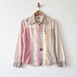 Vintage You Babes Patchwork Floral Plaid Scenic Button Up Blouse Pink Tan 70s